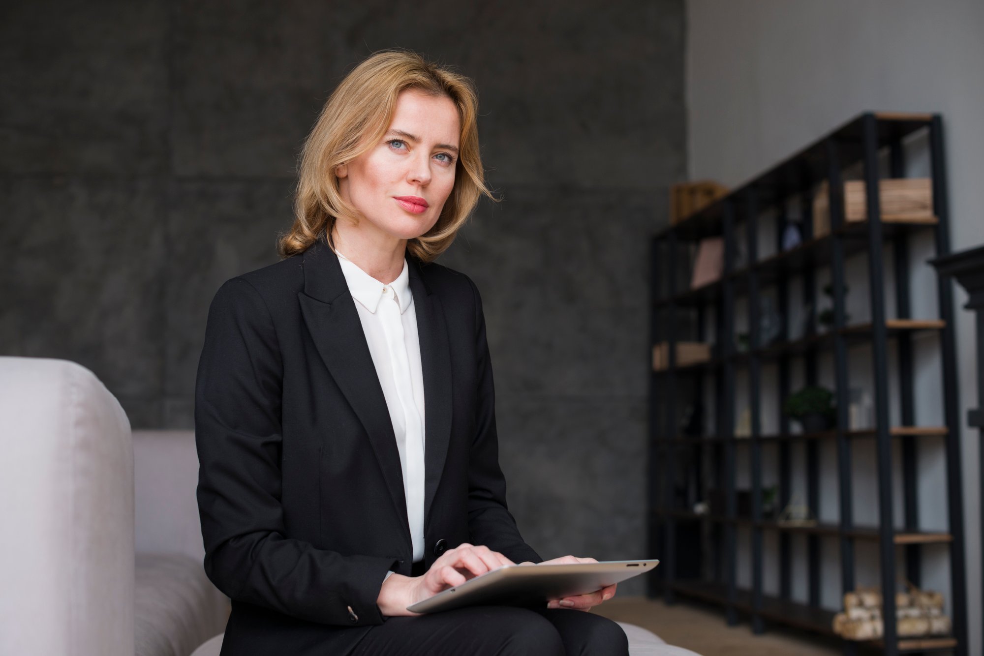 thoughtful-blond-business-woman-sitting-with-tablet